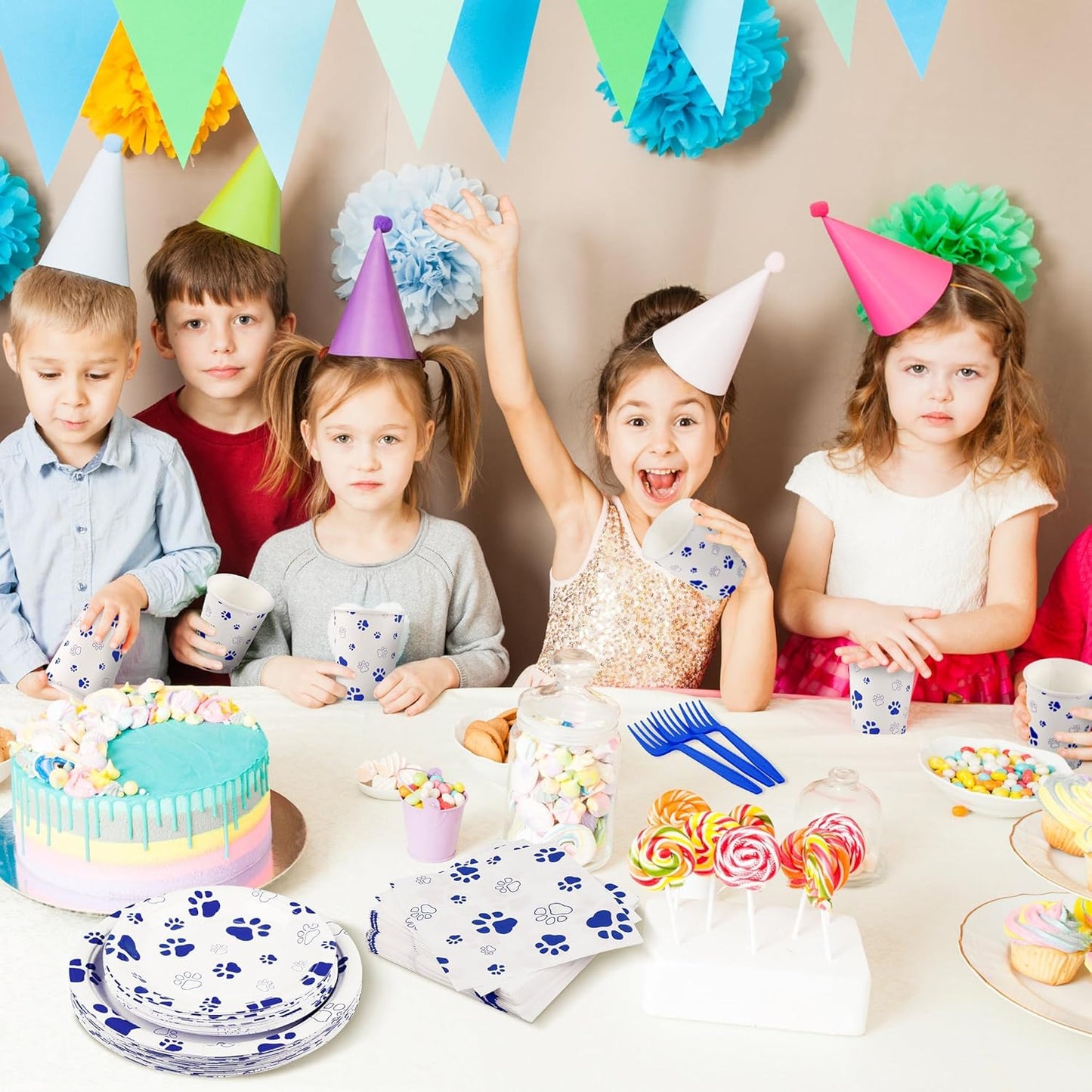 144 Pieces Blue Paw Print Party Tableware Sets Including Disposable Plates Napkins Cups Forks Serves 24 for Dog Puppy Theme Party Supplies