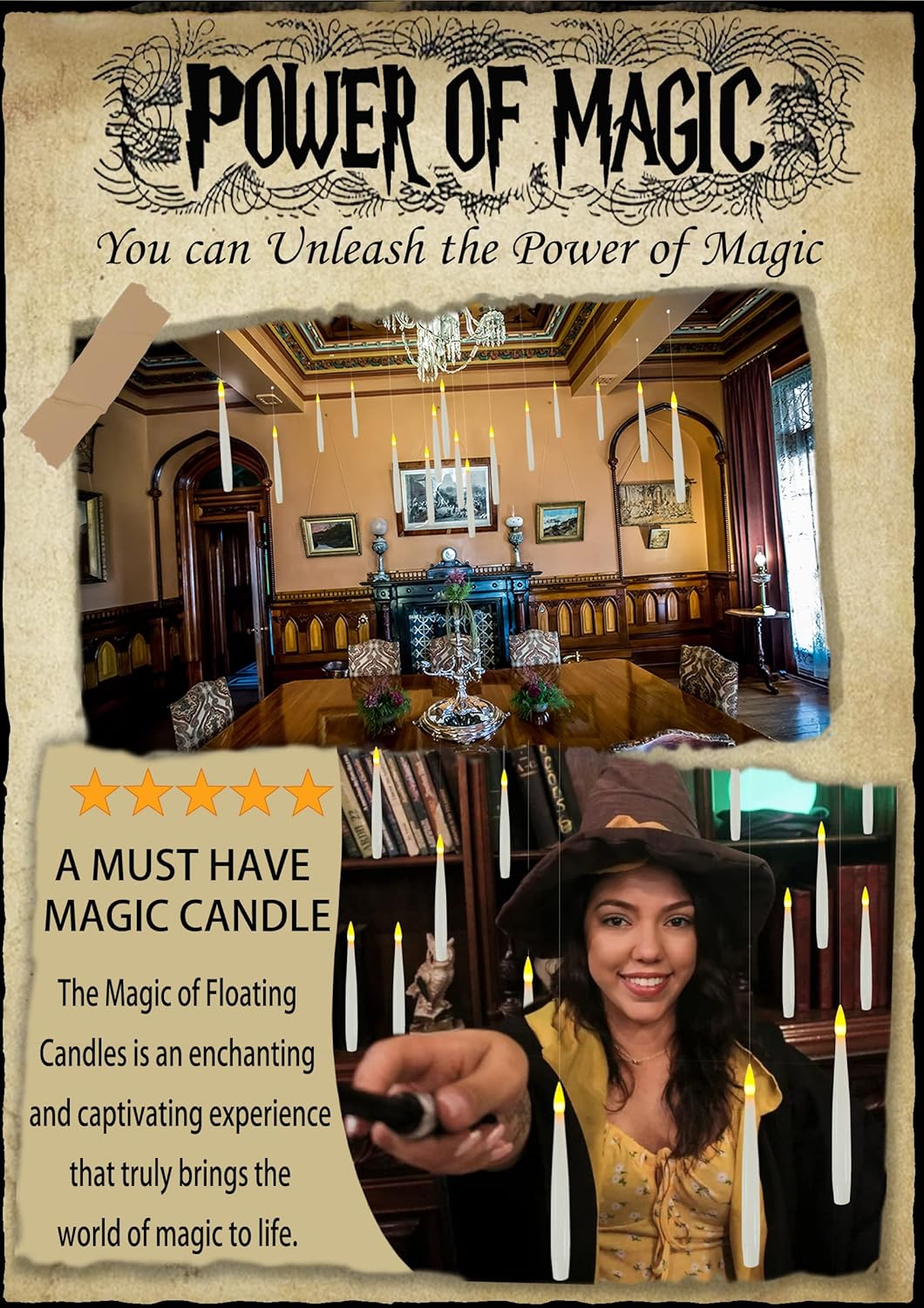 Floating Candles with Wand, 20 PCs Magic Hanging Candles with 21 AAA Battery, Flickering Warm Light Flameless LED Candle with Wand Remote, Window Taper Candle Set for Halloween Decoration Theme Party
