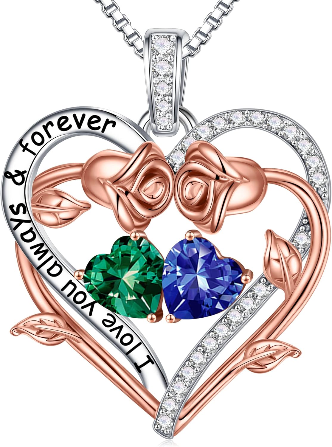 Iefil Rose Heart Double Birthstone Necklace Gifts for Wife Her Mom Women, Birthstone Jewelry Gemstone Birthday Gifts for Girlfriend Grandma Her Wife Women