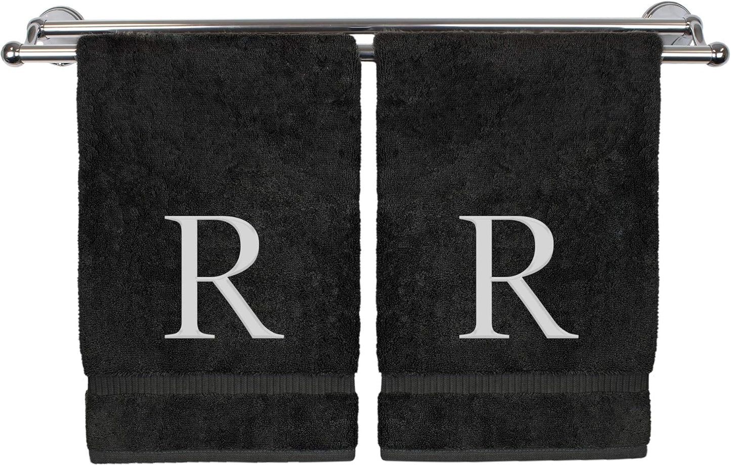 Monogrammed Hand Towel, Personalized Gift, Set of 2- White Block Letter Embroidered Towel - Extra Absorbent 100% Turkish Cotton - Soft Terry Finish - Initial R Black