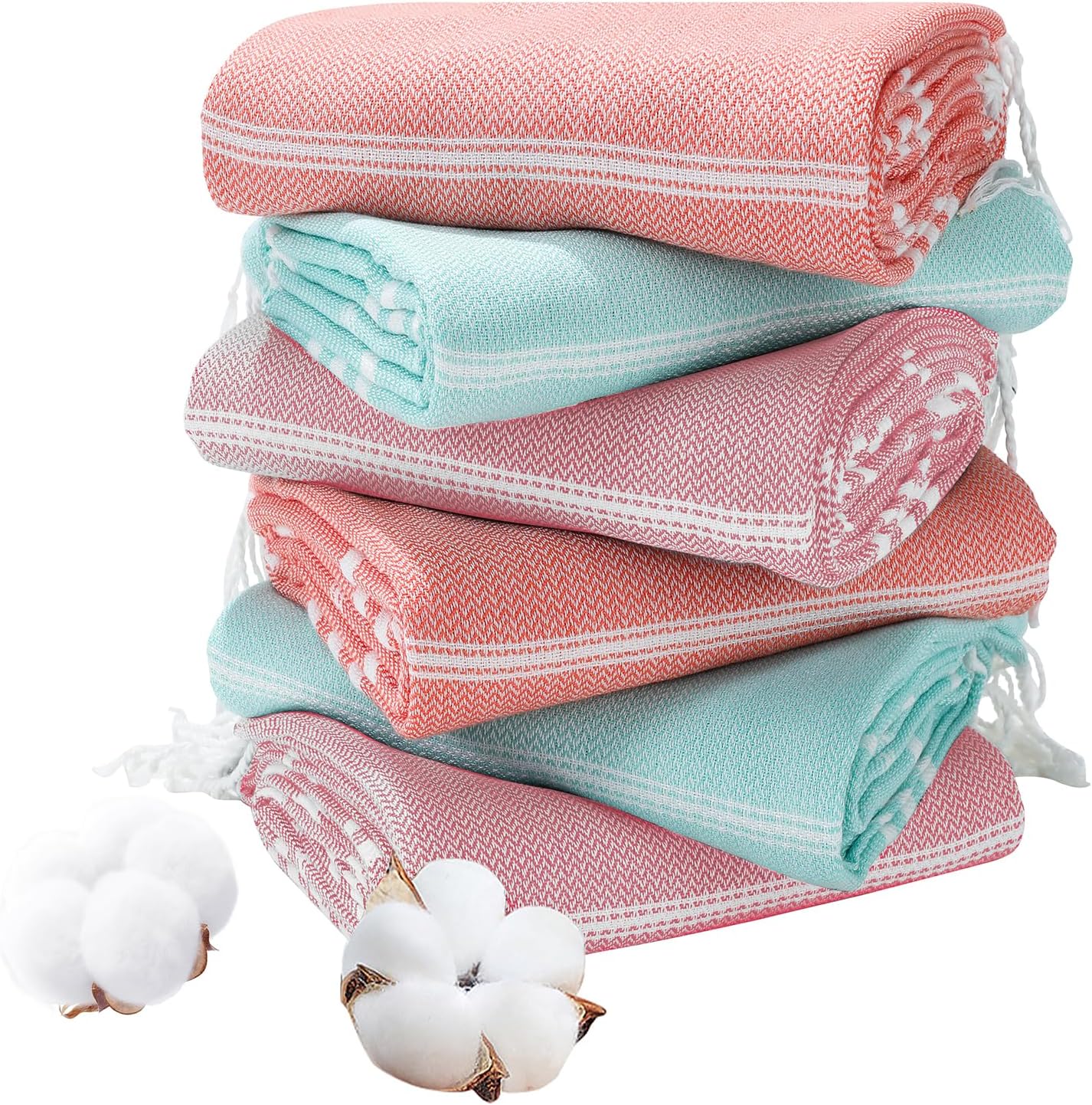 Genovega 6 Packs Oversized Turkish Beach Bath Towel Set Bulk 74"x38" Extra Large Sand Free Quick Dry Swim Camping Pool Clearance Towels Travel Blanket Adult Essentials Red Pink Green Stripe