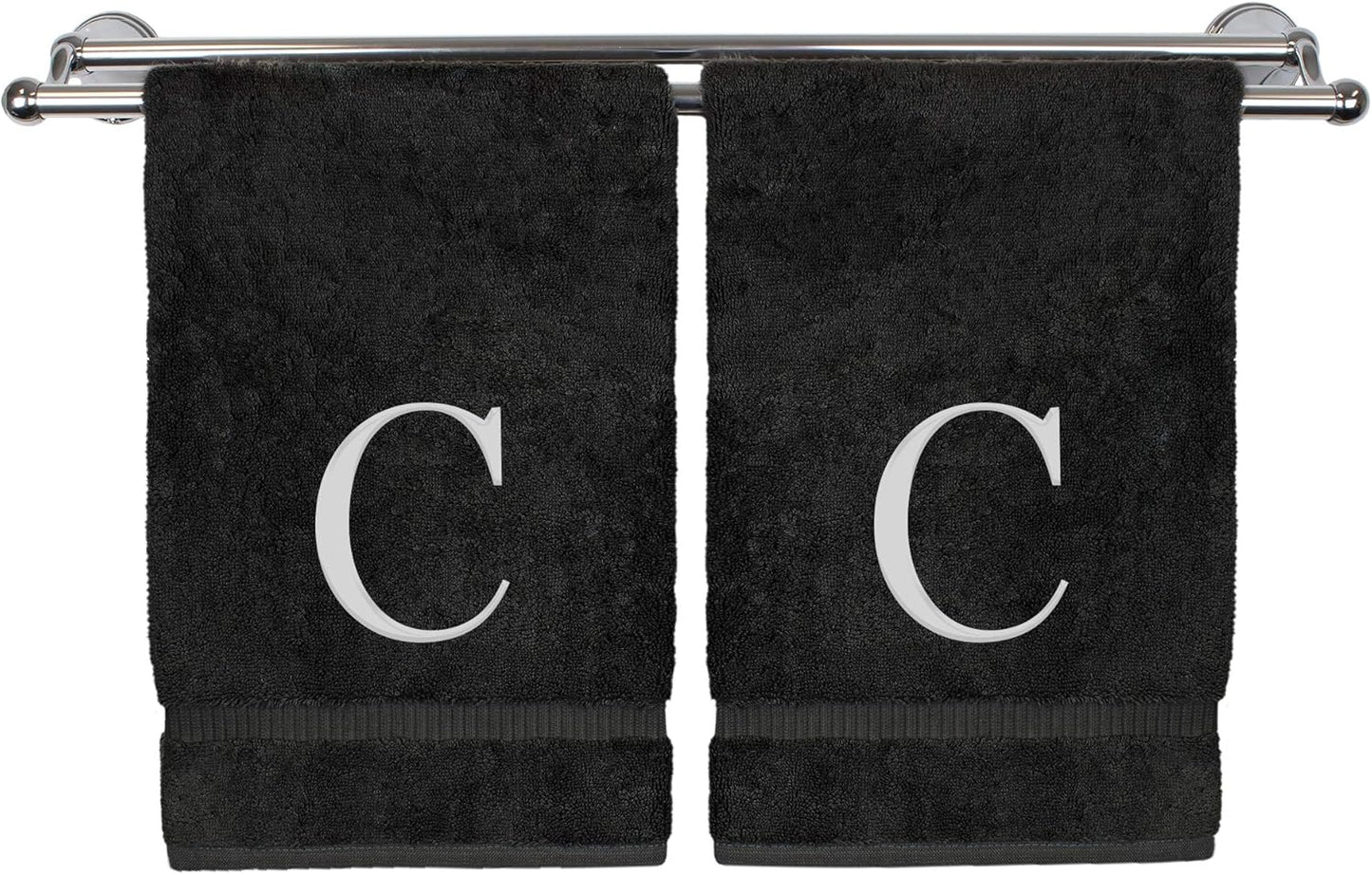 Monogrammed Hand Towel, Personalized Gift, Set of 2- White Block Letter Embroidered Towel - Extra Absorbent 100% Turkish Cotton - Soft Terry Finish - Initial C Black