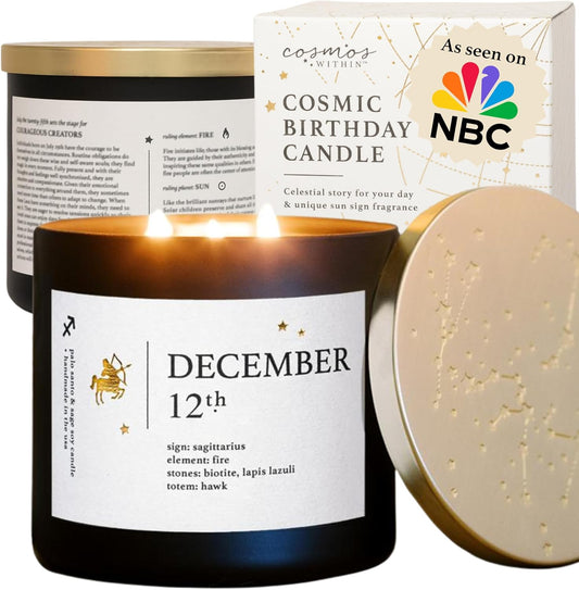 December 12th Personalized Zodiac Candle | Inspirational Astrology Reading and Daily Affirmation for Your Birthdate | Handmade Sagittarius Candles | Astrology Birthday Gifts for Women