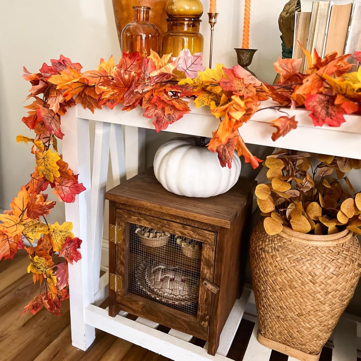 CQURE 12 Pack Fall Leaf Garland, 5.9Ft Artificial Maple Leaf Garland Fall Leaves Autumn Hanging Vines Maple Leaves Thanksgiving Decor for Home Wedding Fireplace Party