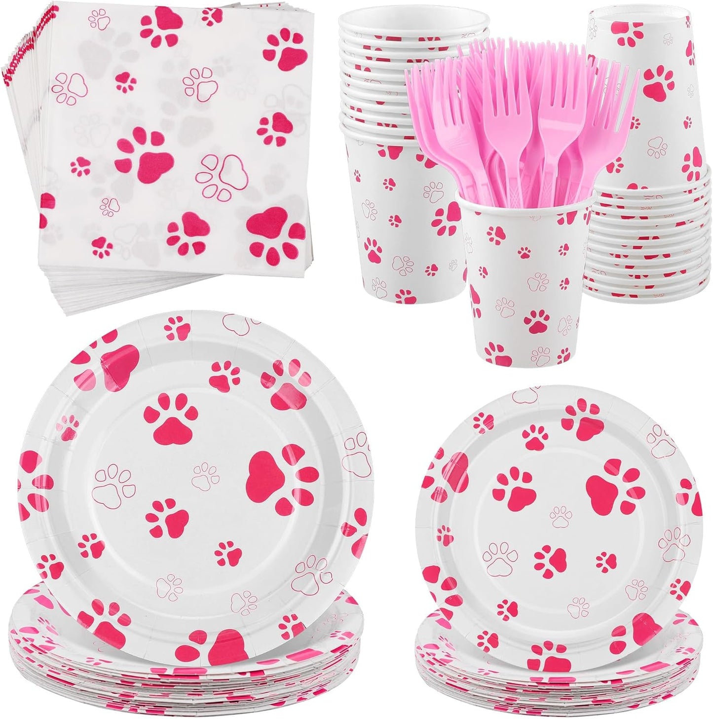 144 Pieces Pink Paw Print Party Tableware Sets Including Disposable Plates Napkins Cups Forks Serves 24 for Dog Puppy Theme Party Supplies
