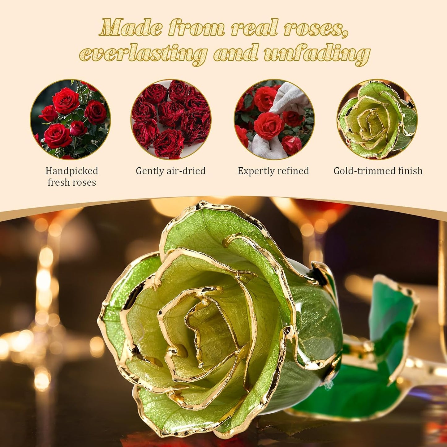 Mikasol Real 24K Gold Dipped Realistic Rose – Timeless Lifelike Bloom with Heart Puzzle Base – Romantic Gradient Green Flower Gift for Her, Wife, Girlfriend, Mom – Birthday, Anniversary, Mother’s Day