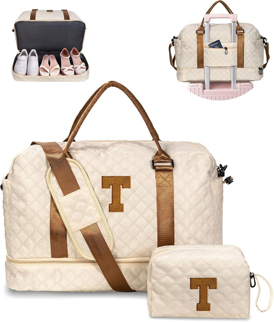 Beach Essentials 11 12 13 14 15 16 17 18 Year Old Girls Gifts-Initial Duffle Bag with Shoe Compartment, Personalized Weekender Bag, Travel Bag with Makeup Bag,Birthday Gift for Her (Letter T)