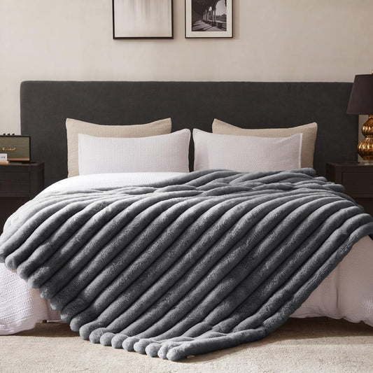 WDCOZY Faux Fur Throw Blanket Striped Super Soft Cozy Fluffy Luxurious Blankets Couch Bed Sofa Chair Home Decor Warm Furry Fall Winter Plush Lightweight Rabbit Fur Bubble Blanket 50" x 60", Darkgrey