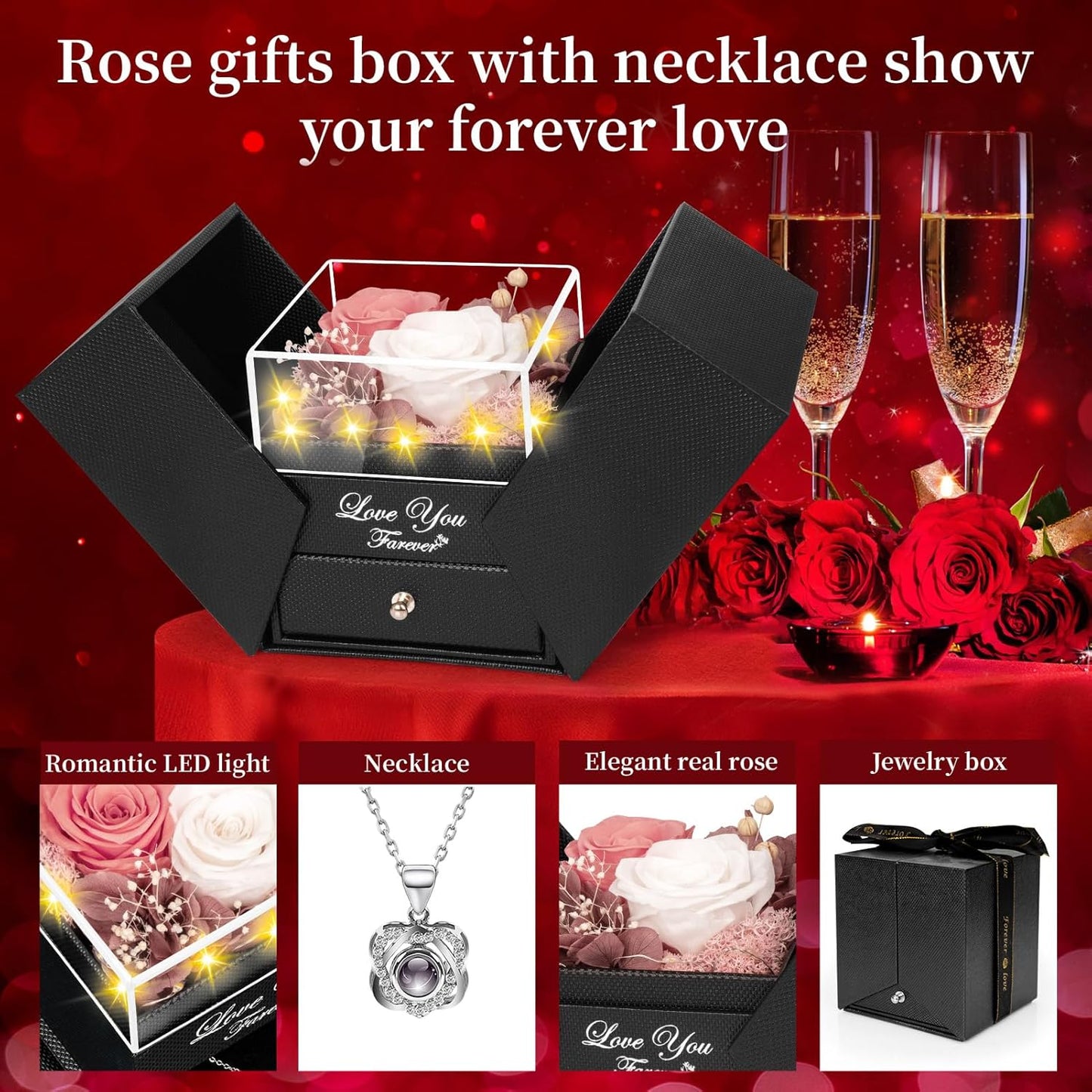 2 Preserved Real Rose with Heart I Love You Necklace- Eternal Rose Birthday Gifts for Women Wife Girlfriend Her Mom on Festivals Gifts Christmas Valentines Mothers Day Anniversary-Peach Pink White