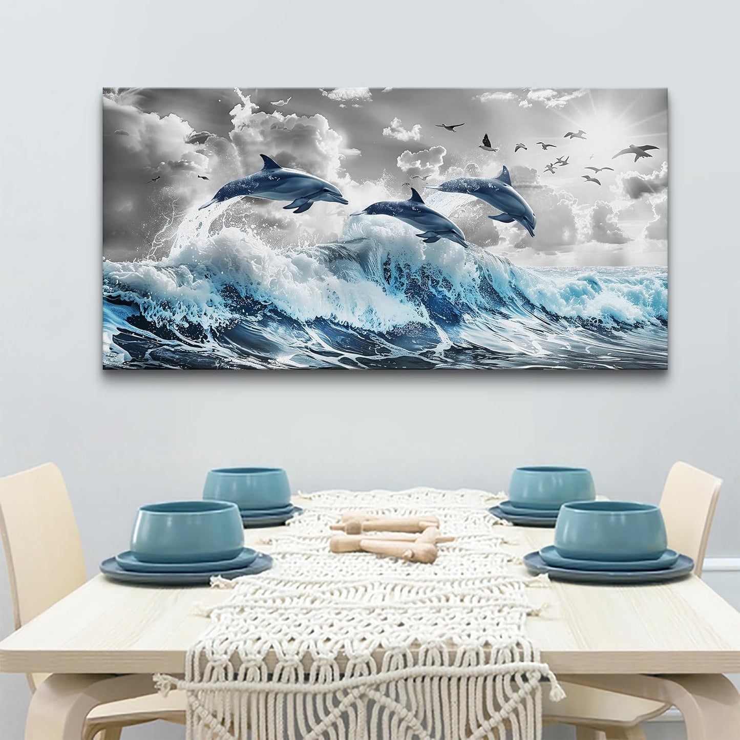 Wapluam Large Wall Art For Bedroom Blue Waves Of The Sea Wall Pictures Artwork Framed Canvas Wall Decoration For Living Room Fashion Office Canvas Art Prints Dolphins Seascape Paintings Home Decor