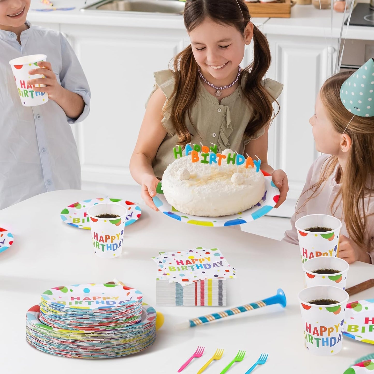 144 Pieces Happy Birthday Print Party Decorations Including Disposable Plates Napkins Cups Forks Tableware Sets Serves 24 for Birthday Party Supplies