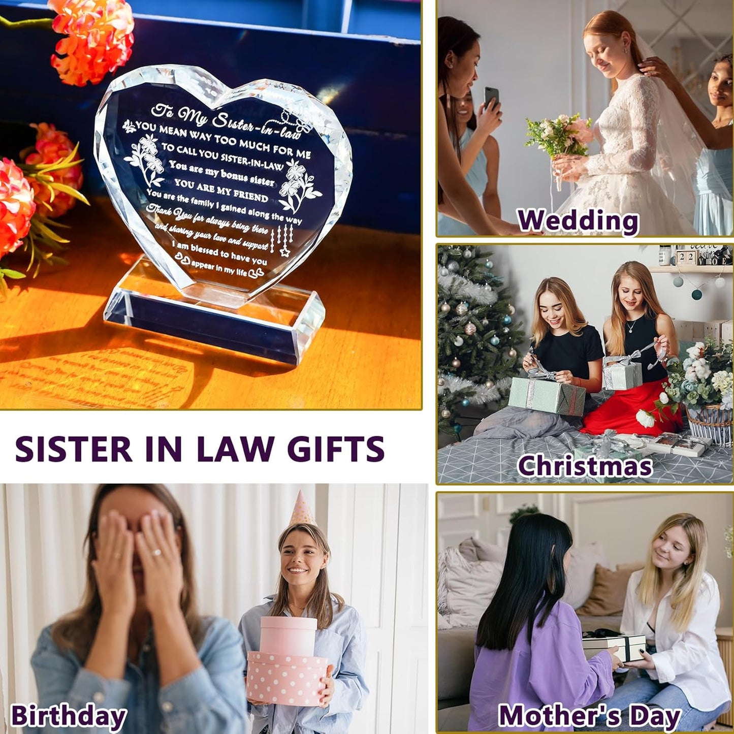 YWHL Sister in Law Birthday Gifts Heart Crystal Keepsake Wedding Gifts for Sister in Law Unique Gift Ideas for Christmas Mother's Day Thanksgiving