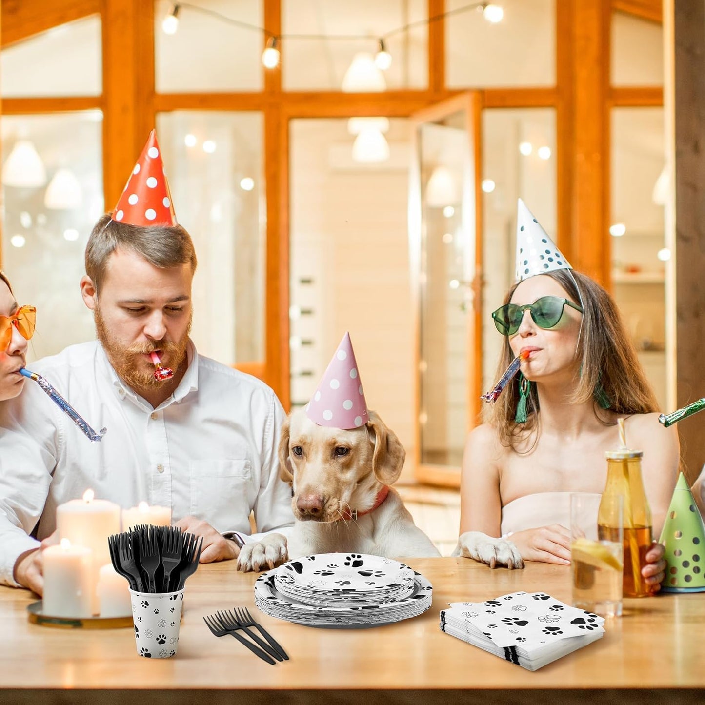 144 Pieces Black Paw Print Party Tableware Sets Including Disposable Plates Napkins Cups Forks Serves 24 for Dog Puppy Theme Party Supplies