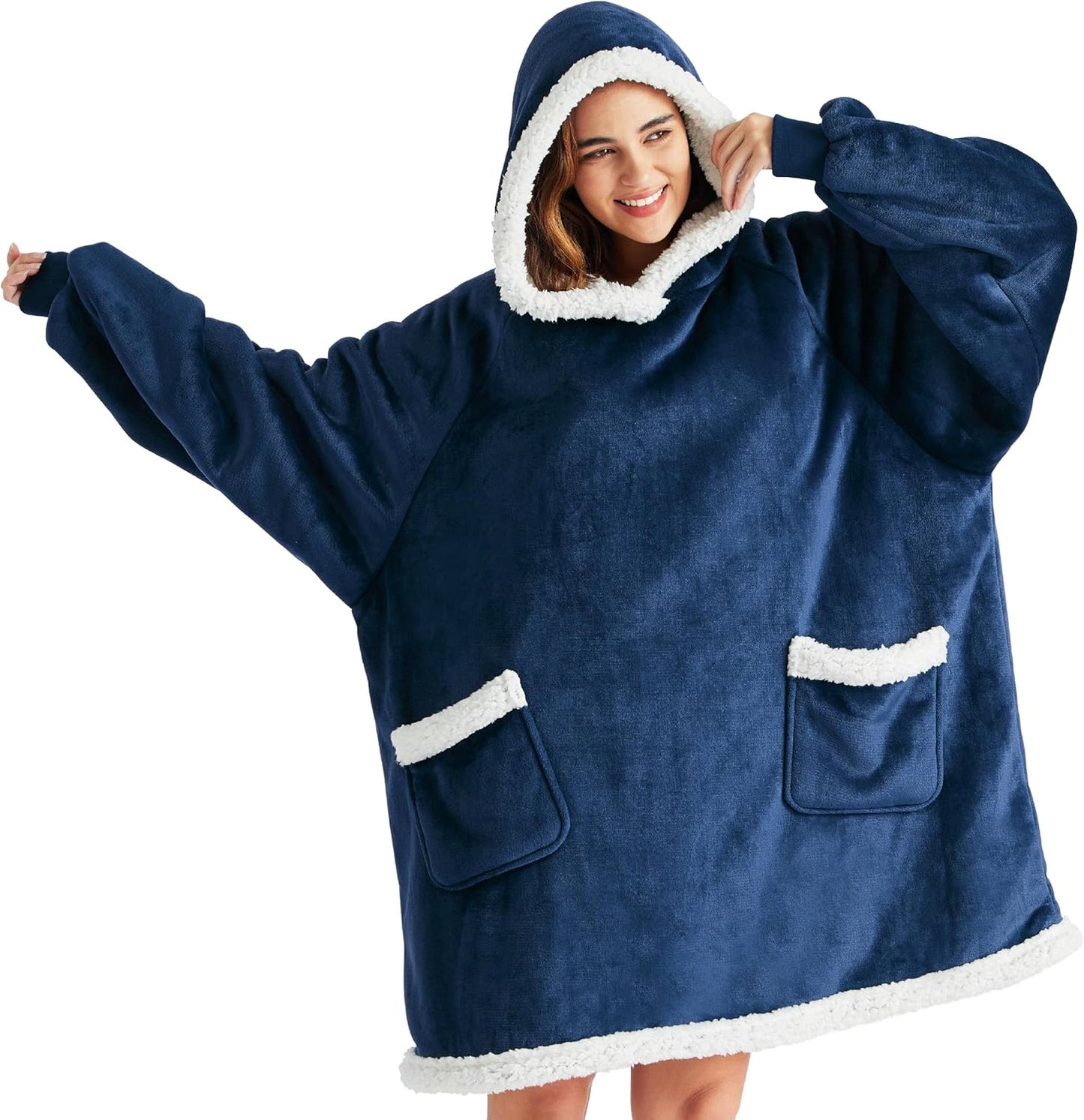 Bedsure Blanket Hoodie, Wearable Blanket for Adults & Kids as Gifts for Women Men, Birthday Gifts for Women Mom Girl Sherpa Oversized Hoodie, Navy, Standard