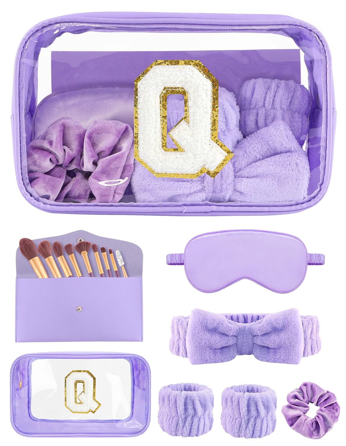 Gift Sets for Women, Initial Makeup Bag with Makeup Brush Set Bachelorette Party Favors, Purple Spa Kit with Skincare Headbands Wrist Bands Sleepover Party Supplies Gifts for Teen Girls Bridesmaid Q