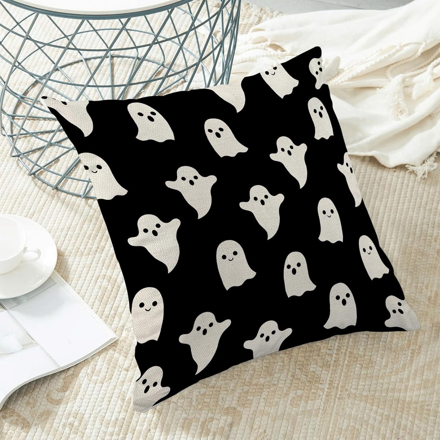Halloween Decor 24x24 Set Of 2 Black Cute Ghost Throw Pillow Covers - Decorative Linen Cushion Case For Home Sofa & Outdoor Decor
