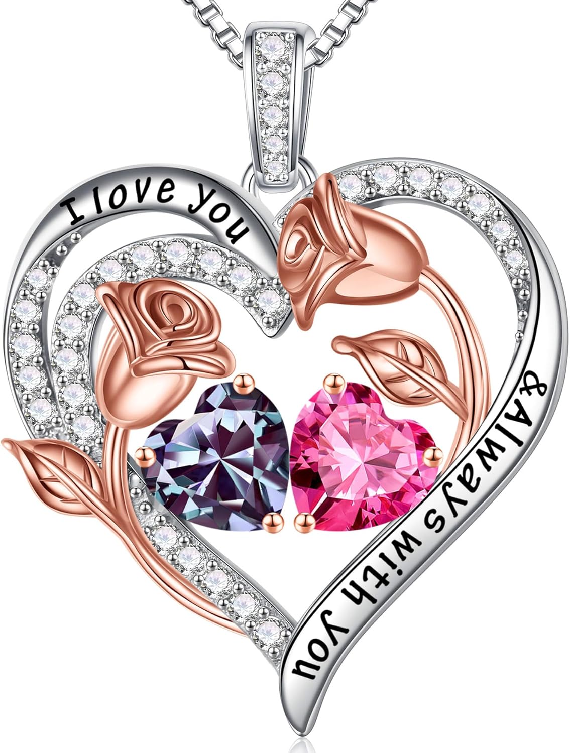 Iefil Birthstone Necklace for Women - 925 Sterling Silver Rose Heart Birthstone Necklace Birthday Anniversary Jewelry Gifts for Her Wife Mom Daughter