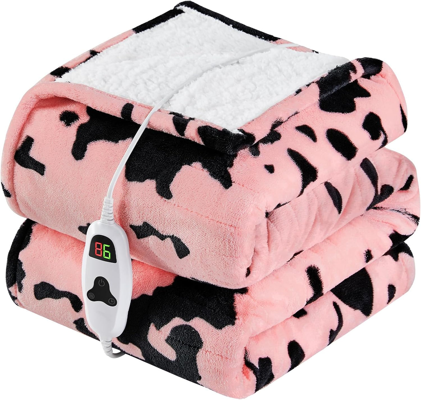 Cow Print Heated Electric Blanket Twin Size,62X84 Light Pink Heating Blanket with 10 Heats Levels & 8 Hours Auto Off,Highland Cow Fleece Sherpa Blankets Warmer Gifts for Women Adults,Washable,ETL