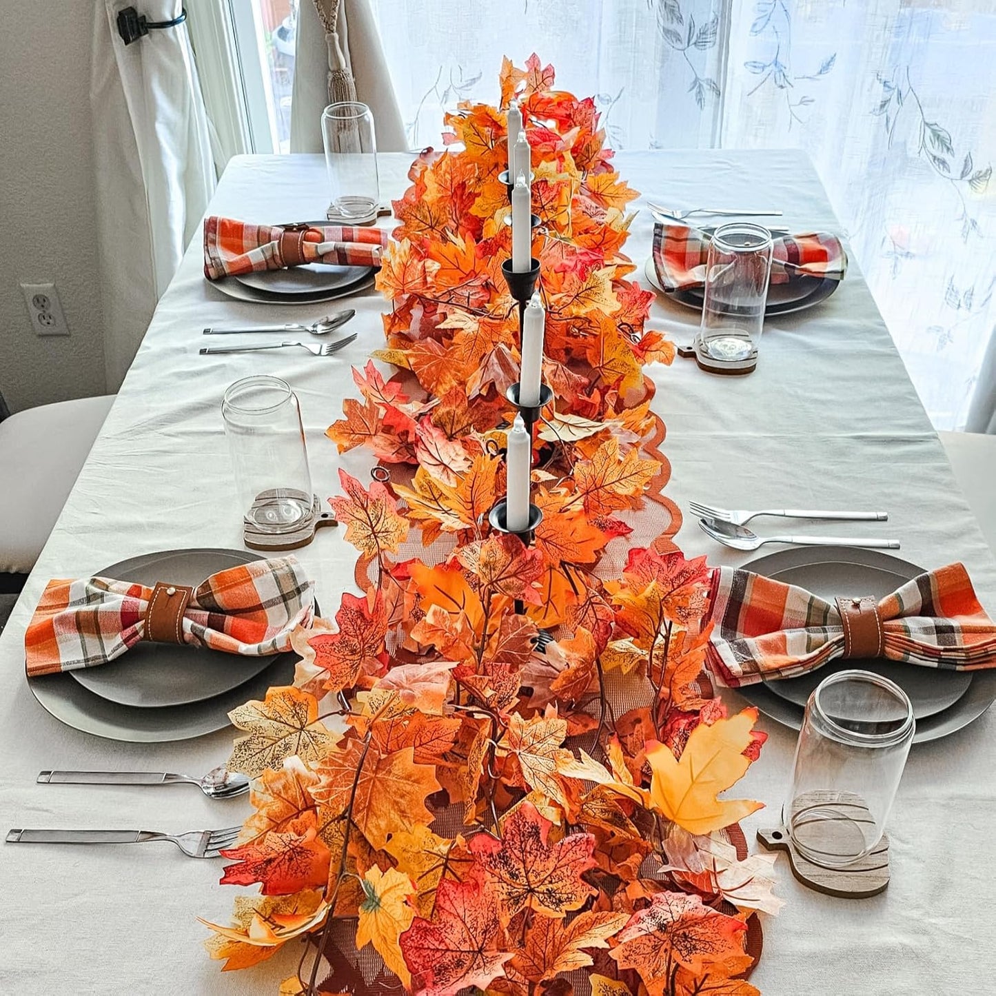 CQURE 8 Pack Fall Leaf Garland, Hanging Fall Vines Autumn Garland Artificial Maple Fall Leaves Thanksgiving Decor for Home Wedding Fireplace Party