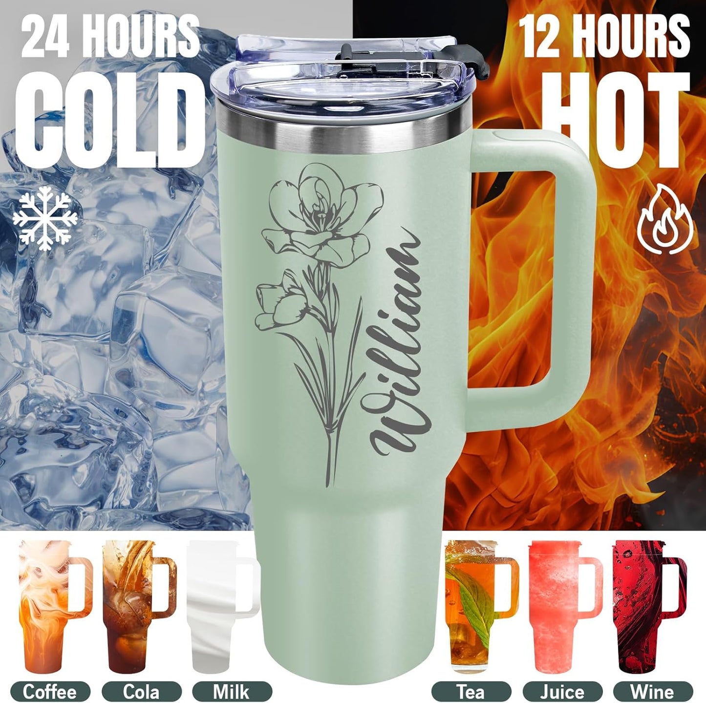 Personalized 40 Oz Tumbler with Handle Custom Tumbler with Name & Birth Flower Month, Stainless Steel Travel Coffee Mug Cup, Birthday Gifts Personalized Gifts for Women Men