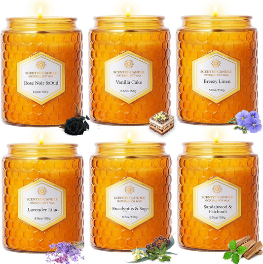 6 Pack Natural Soy Wax Jar Candles for Home Scented, Aromatherapy Gifts Sets for Women, 33 oz 240 Hour Long Lasting Candles Gifts for Birthday | Valentine's Day | Amber Candles|
