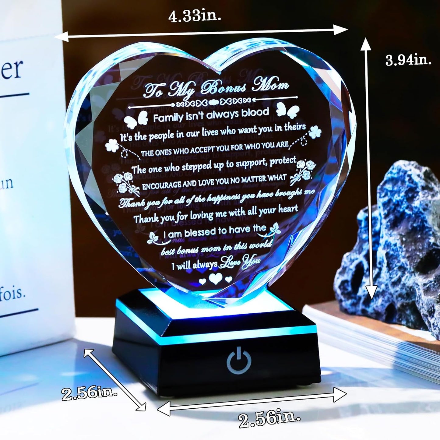 Bonus Mom Gifts with Colorful LED Base Crystal Heart Mothers Day Birthday Gifts for Stepmother Bonus Mom from Bonus Daughter Son Gift for Stepmom Mother in Law on Christmas Valentines