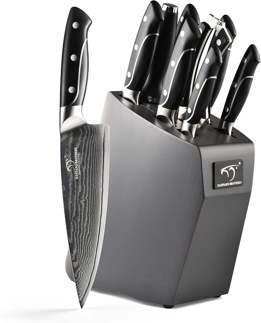 Damascus Kitchen Knife Sets, 9 Pieces Kitchen Knives Set with Block, ABS Ergonomic Handle for Chef Knife Set, Knife Sharpener and Kitchen Shears, Knife Block Set