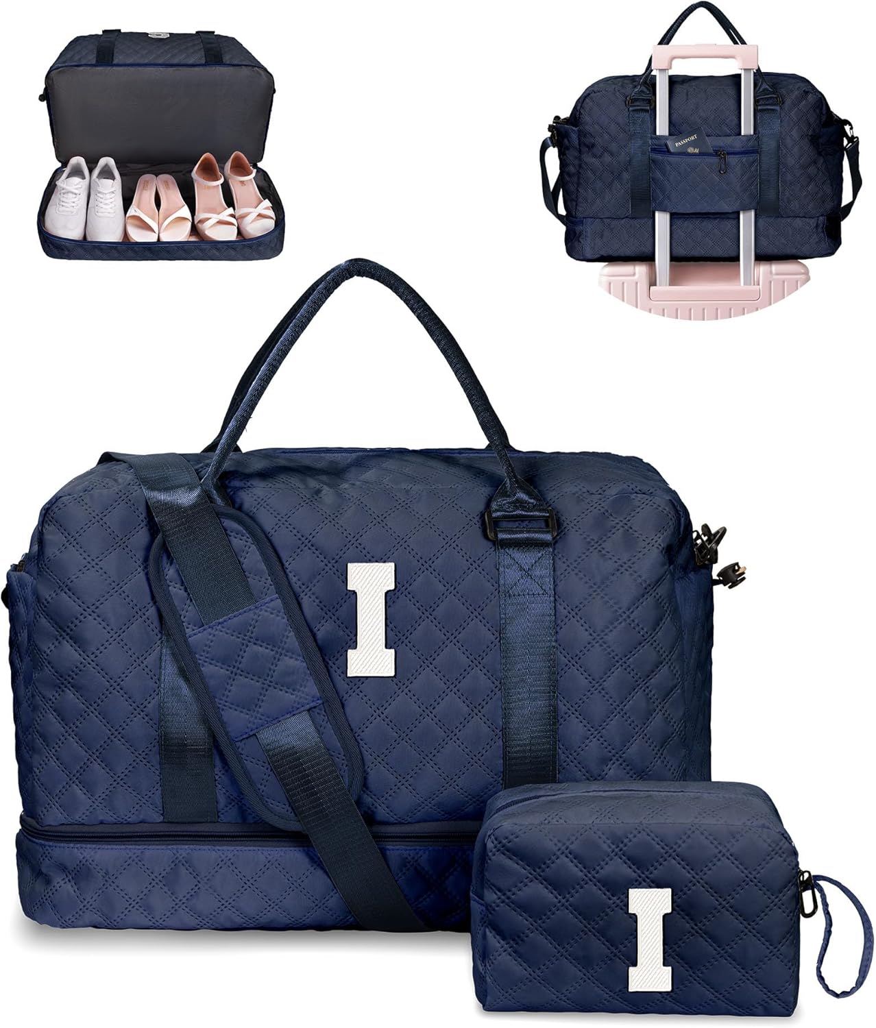 Gifts for Friends - Initial Duffle with Shoe Compartment, Personalized Weekender, Monogram Overnight, Travel Bag with Makeup Bag, Birthday Gift for Daughter/Sister (Letter I)