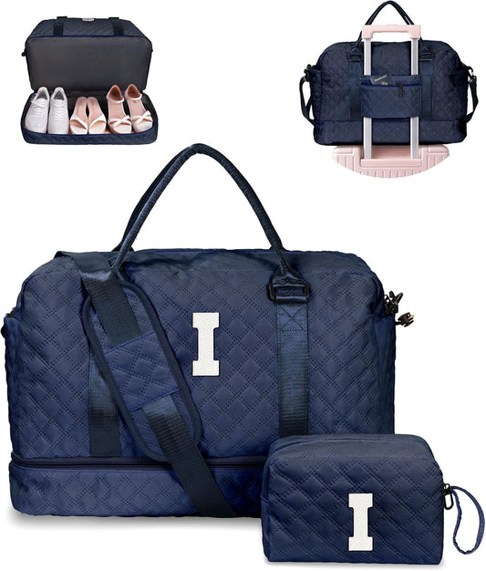 Gifts for Friends - Initial Duffle with Shoe Compartment, Personalized Weekender, Monogram Overnight, Travel Bag with Makeup Bag, Birthday Gift for Daughter/Sister (Letter I)