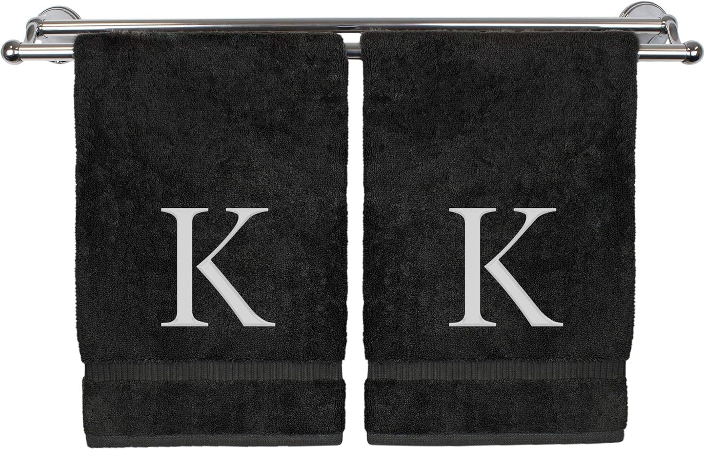 Monogrammed Hand Towel, Personalized Gift, Set of 2- White Block Letter Embroidered Towel - Extra Absorbent 100% Turkish Cotton - Soft Terry Finish - Initial K Black