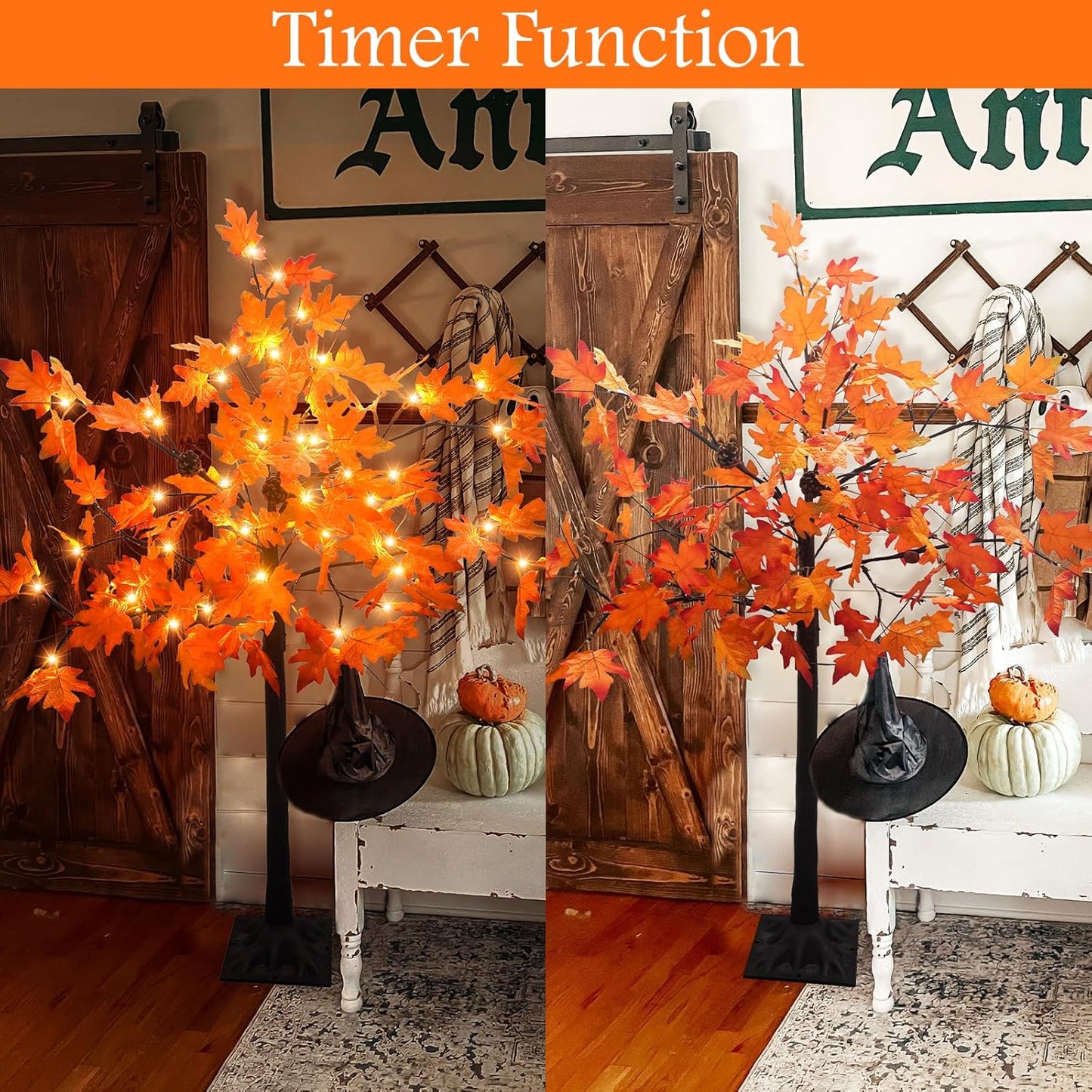 4FT Prelit Maple Tree Artificial Fall Tree with Acorn Pine Cone 56 LED Autumn Lighted Tree for Thanksgiving Harvest Wedding Party Home Indoor Outdoor Decor