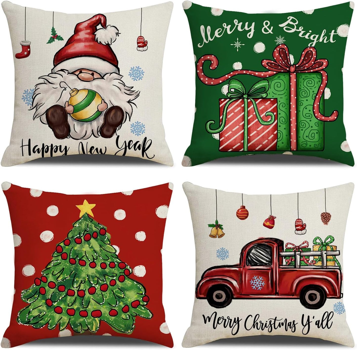 Coliuso Christmas Throw Pillow Covers 18x18 Set of 4 Xmas Series Holiday Cushion Pillow Cover Christmas Decorations for Sofa Couch Bed Farmhouse Outdoor Living Room (Red and Green)