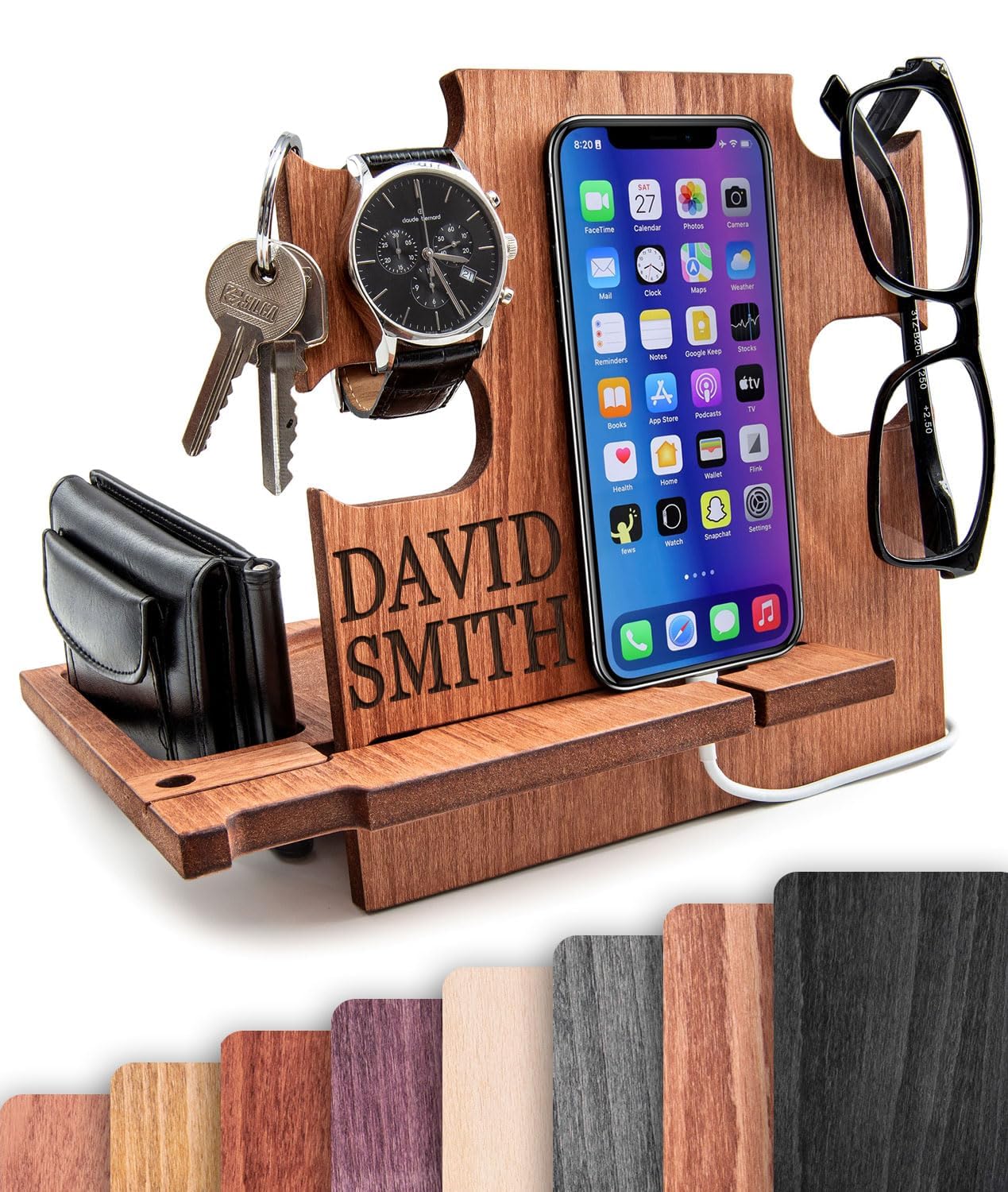 Gifts for Men, Personalized Wood Phone Docking Station for Men,Desktop or Nightstand Organizer for Him, Phone Stand, Best Personalized gift idea for Anniversary,Birthday,Graduation