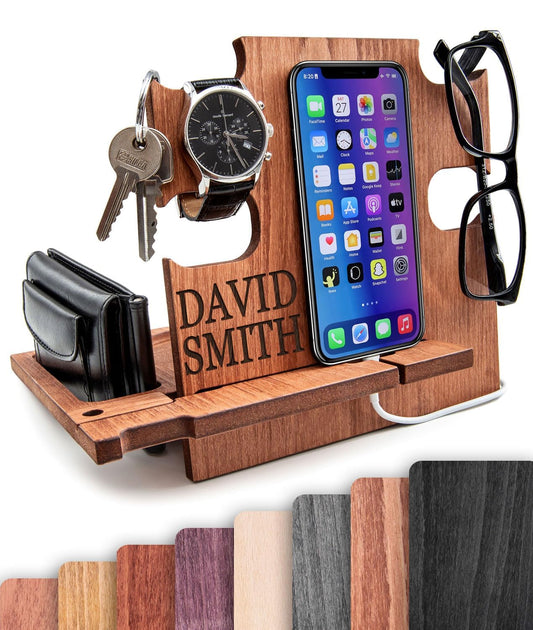 Gifts for Men, Personalized Wood Phone Docking Station for Men,Desktop or Nightstand Organizer for Him, Phone Stand, Best Personalized gift idea for Anniversary,Birthday,Graduation