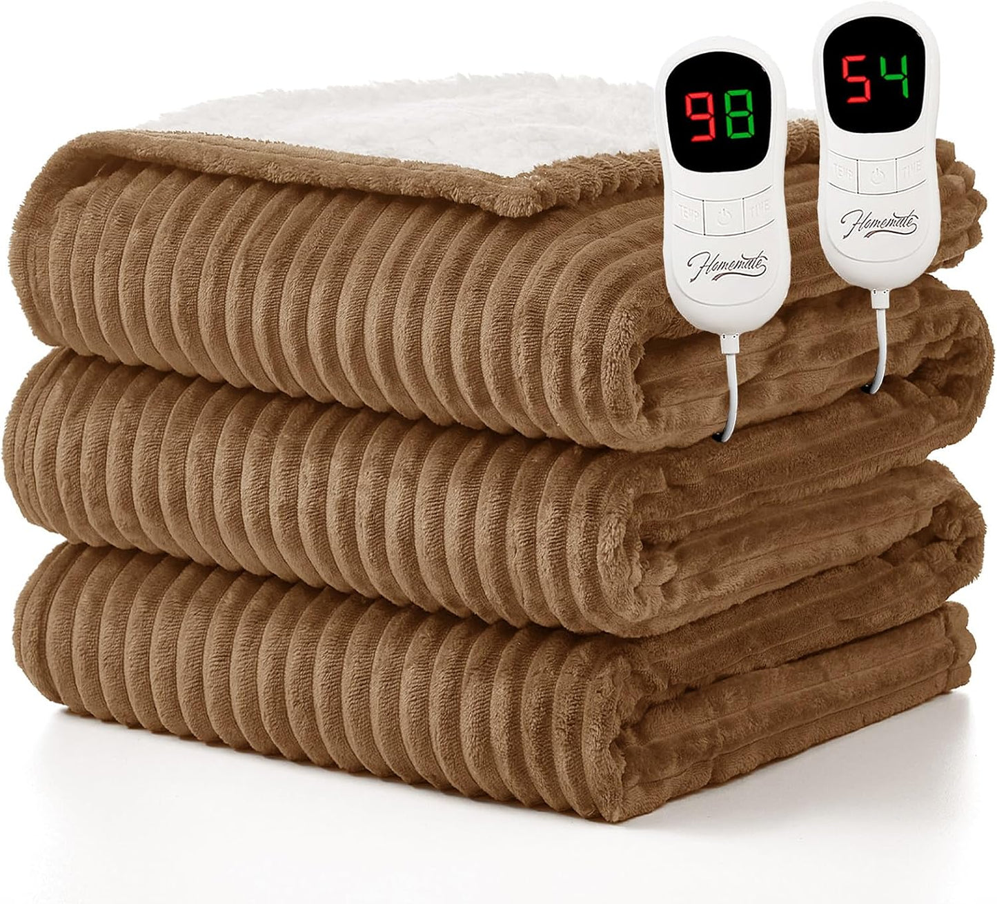 Homemate Electric Heated Blanket King Size - 100"x90" Heating Blanket King Size Dual Control 1/2/4/6/8 Hours Auto-Off 10 Heat Level Over-Heat Protection Soft Flannel Sherpa ETL Certification