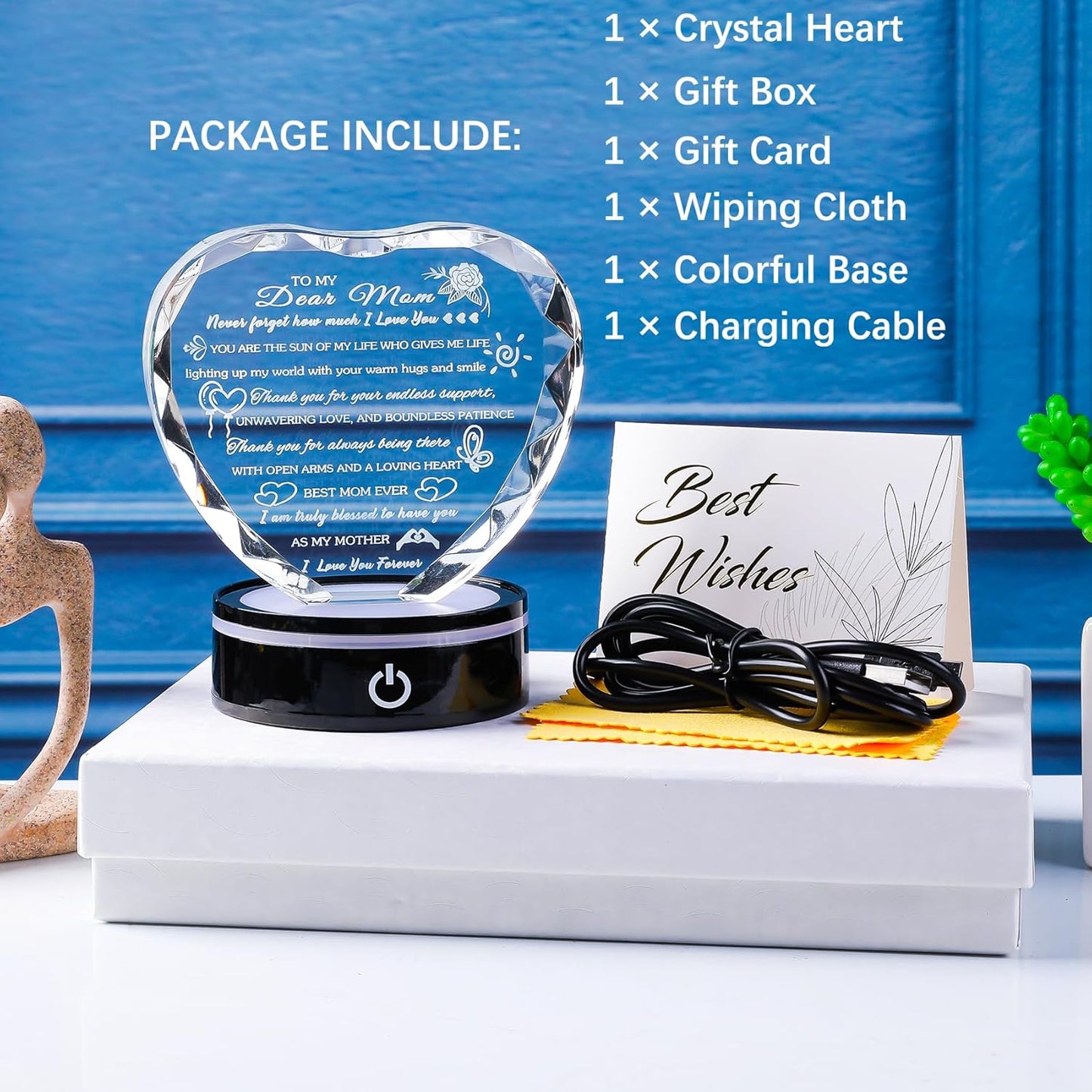 Gifts for Mom with Colorful LED Base Unique Moms Birthday Gifts from Daughter Son Crystal Heart Keepsakes to My Mom Gift for Mother's Day Thanksgiving Best Mother Ever Presents