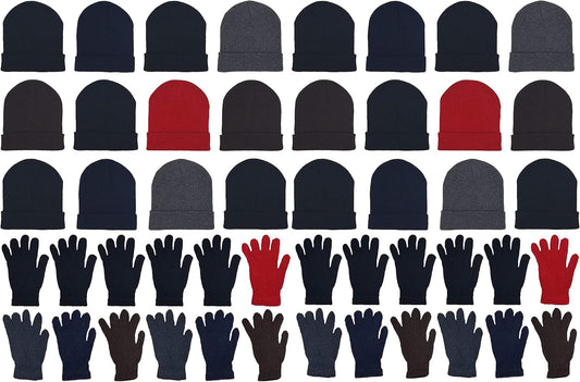 48x Winter Beanies & Gloves Combo Pack, Bulk Pack for Men Women, Warm Cozy Gift
