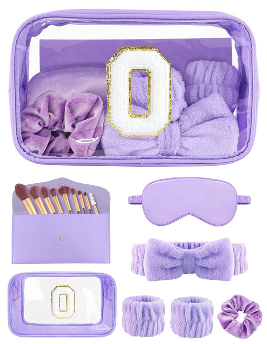 Gift Sets for Women, Initial Makeup Bag with Makeup Brush Set Bachelorette Party Favors, Purple Spa Kit with Skincare Headbands Wrist Bands Sleepover Party Supplies Gifts for Teen Girls Bridesmaid O