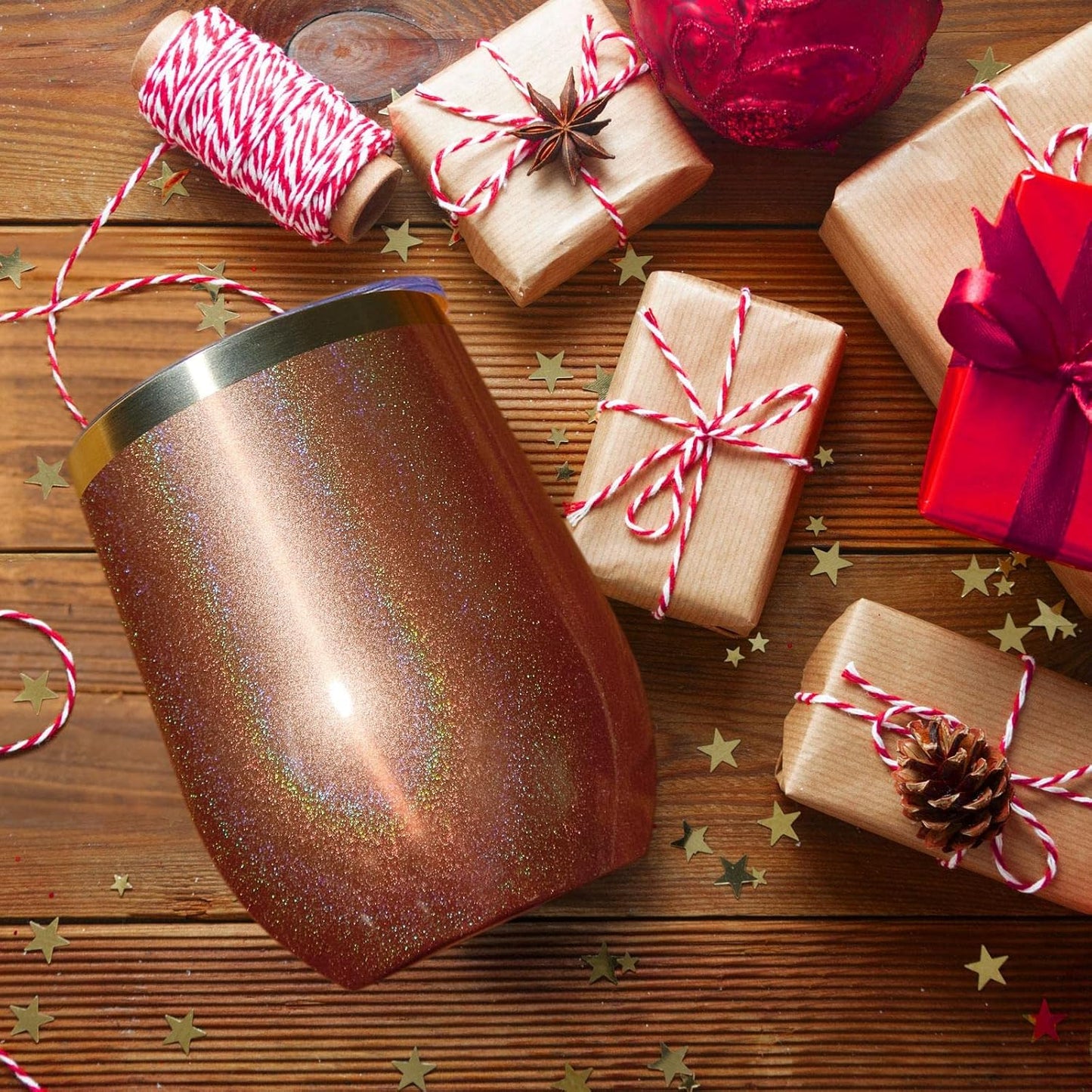 MEWAY Stemless 12 OZ Wine Tumbler Glasses with Lid -Insulated Double Wall Vacuum Stainless Steel Glitter Tumbler with Straw,for Woman Under 10 dollars (Rainbow Rose Gold,1)