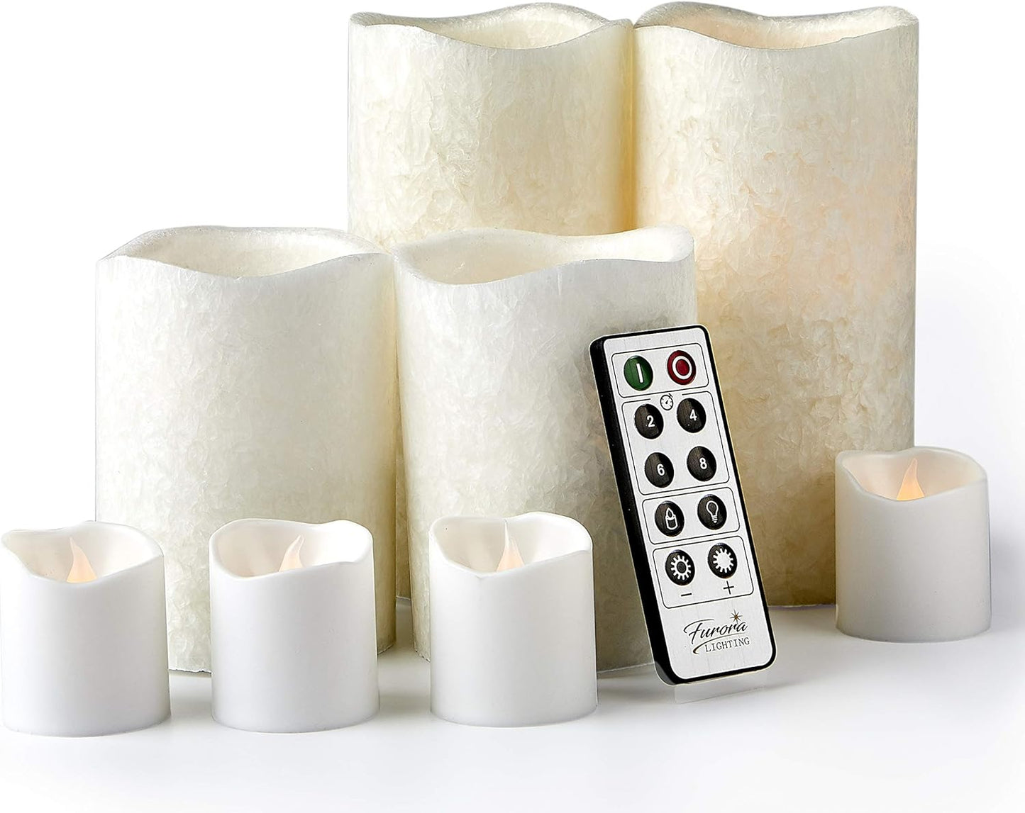 FURORA LIGHTING LED Flameless Candles with Remote Control, White in Set of 8, Real Wax Battery Operated Pillars and Votives LED Candles with Flickering Flame and Timer Featured