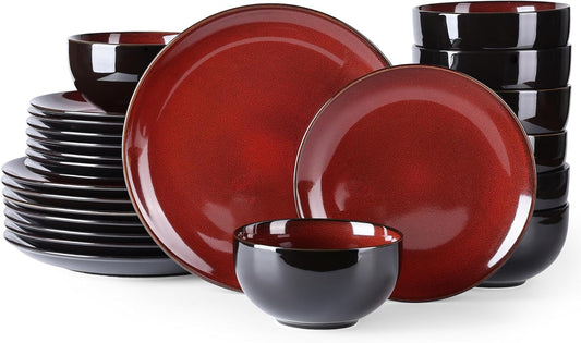 LERATIO Ceramic Dinnerware Sets for 8,Stoneware Plates and Bowls Sets,Handmade Reactive Glaze Dishes Set,Chip Resistant and Scratch Resistant | Oven&Dishwasher & Microwave Safe-Red (24PCS)