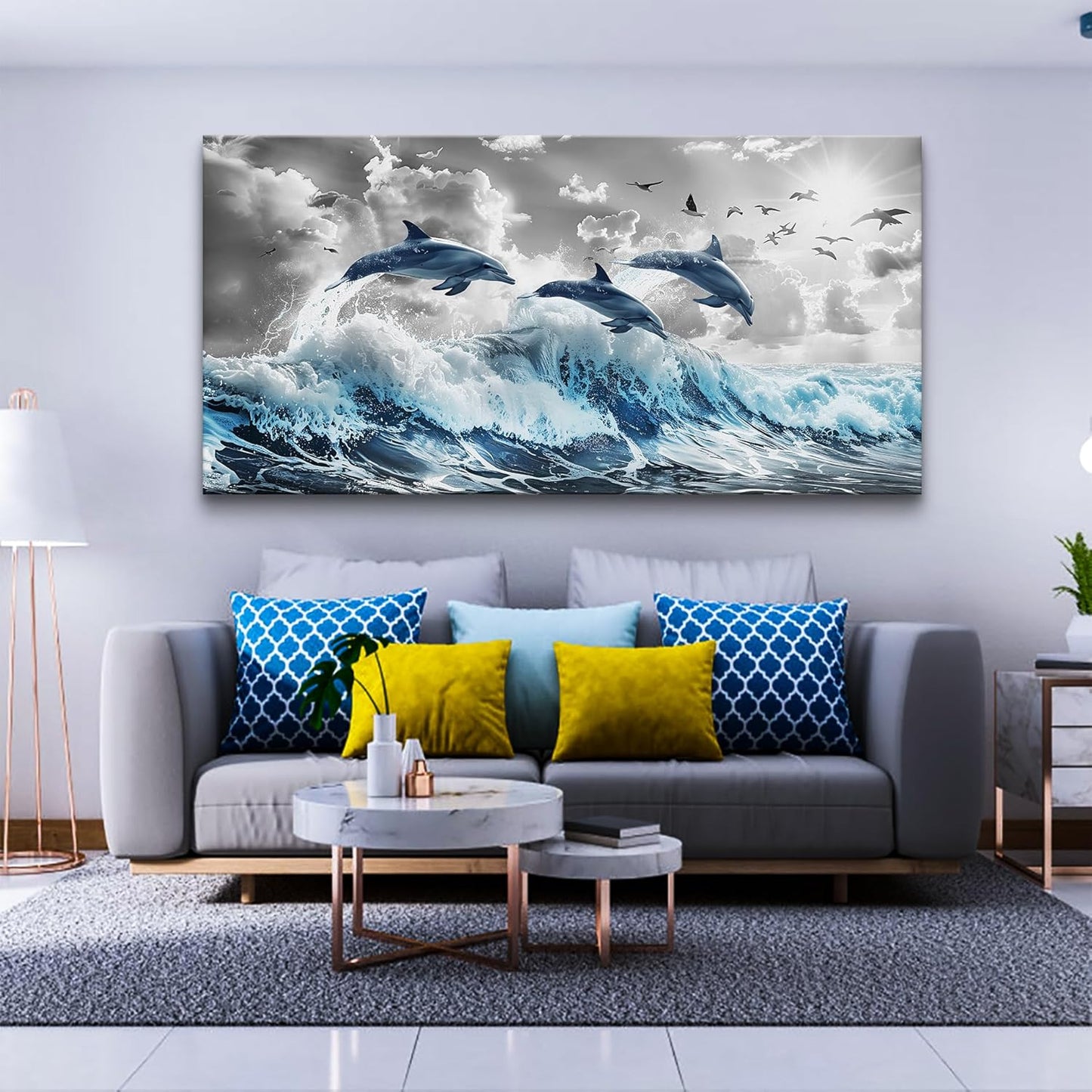 Wapluam Large Wall Art For Bedroom Blue Waves Of The Sea Wall Pictures Artwork Framed Canvas Wall Decoration For Living Room Fashion Office Canvas Art Prints Dolphins Seascape Paintings Home Decor