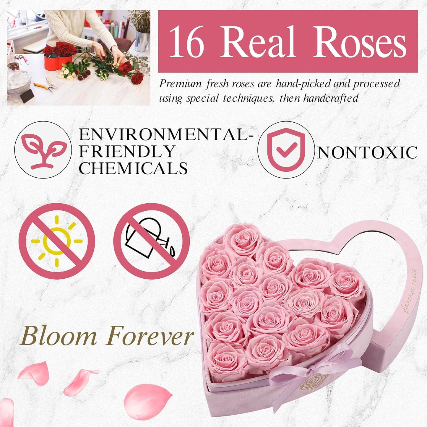 16 Forever Flowers in Heart Shaped Box - Preserved Roses Romantic Gifts for Her, Valentine’s Day, Anniversary, Wedding (Pink)