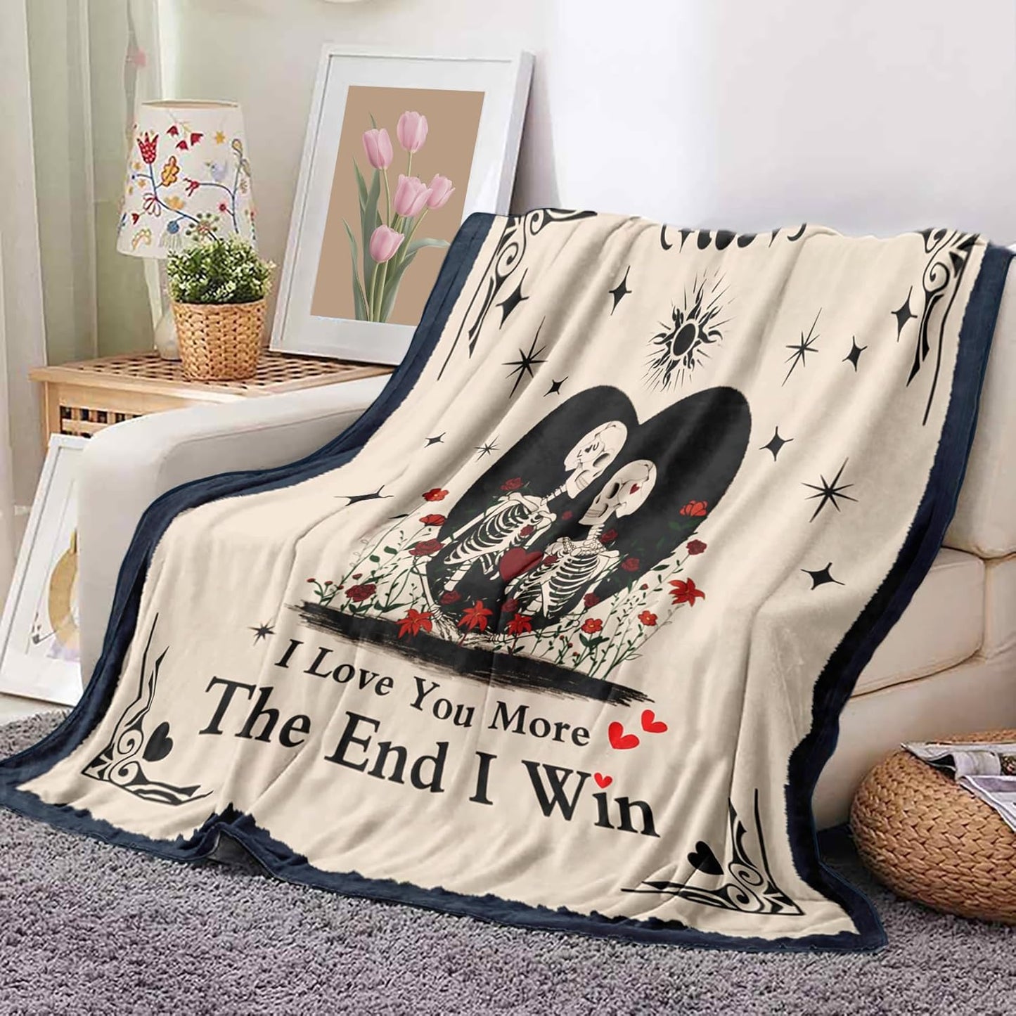 Couple Gifts Blanket for Her Him,Skull Love Throw Blanket for Boyfriend Girlfriend,I Love You More Anniversary Wedding Birthday Gift for Husband Wife 60"X50",Halloween Skeleton Decor Present