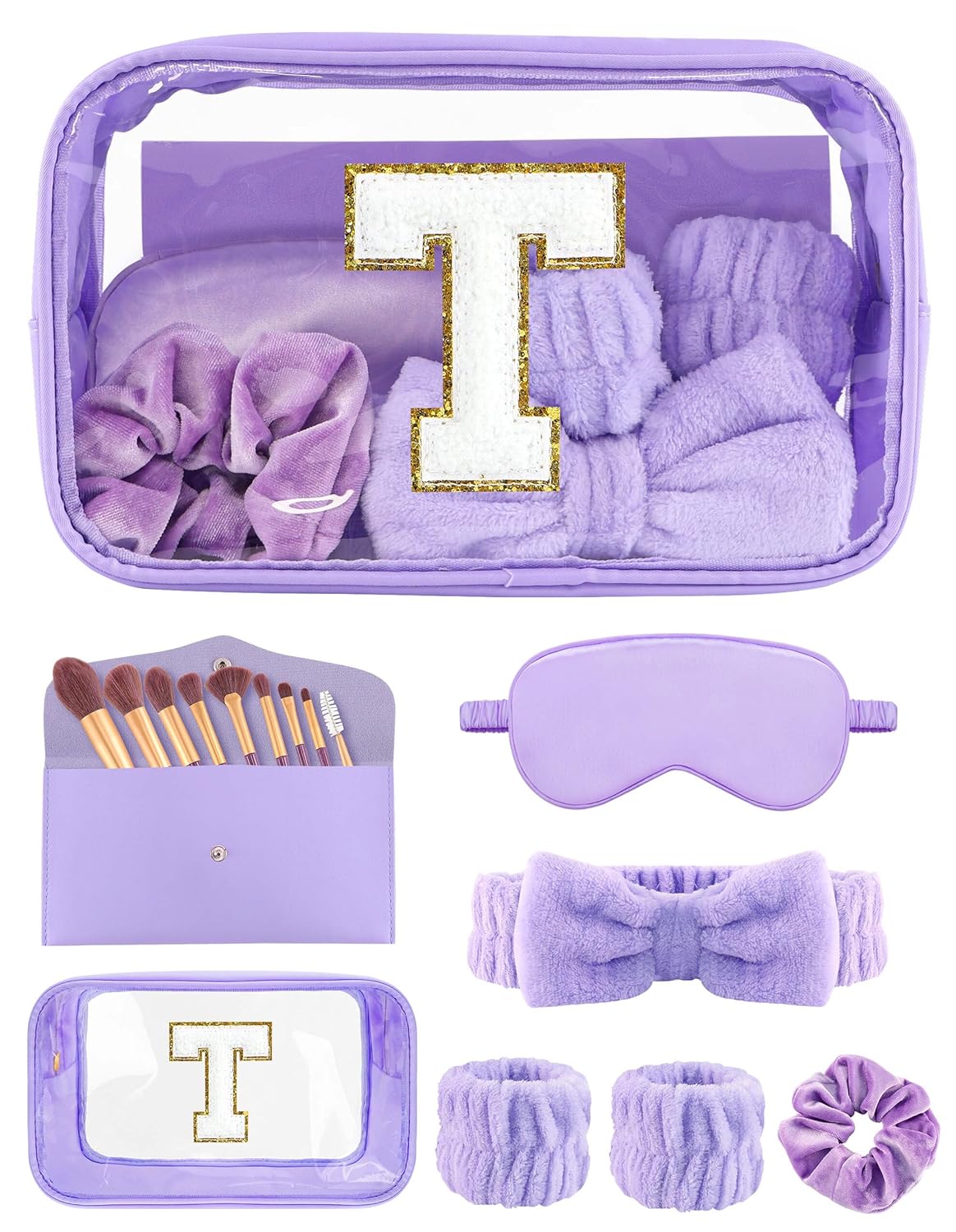 Gift Sets for Women, Initial Makeup Bag with Makeup Brush Set Bachelorette Party Favors, Purple Spa Kit with Skincare Headbands Wrist Bands Sleepover Party Supplies Gifts for Teen Girls Bridesmaid T