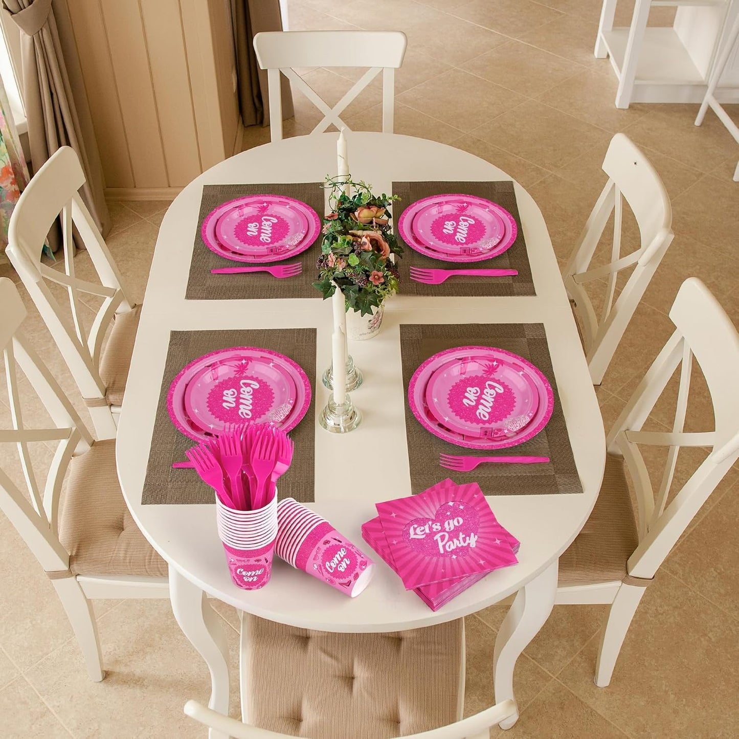 144 Pieces Let's Go Party Tableware Sets Including Disposable Plates Napkins Cups Forks Serves 24 for Birthday Disco Pink Girl Party Supplies