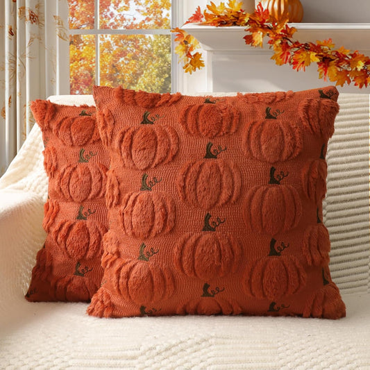 4TH Emotion Fall Pumpkin Decorative Pillow Covers 18x18 Set of 2, Dark Rust Red Soft Plush Faux Fur Wool Farmhouse Throw Cushion Cases for Autumn Thanksgiving Holiday Home Decorations