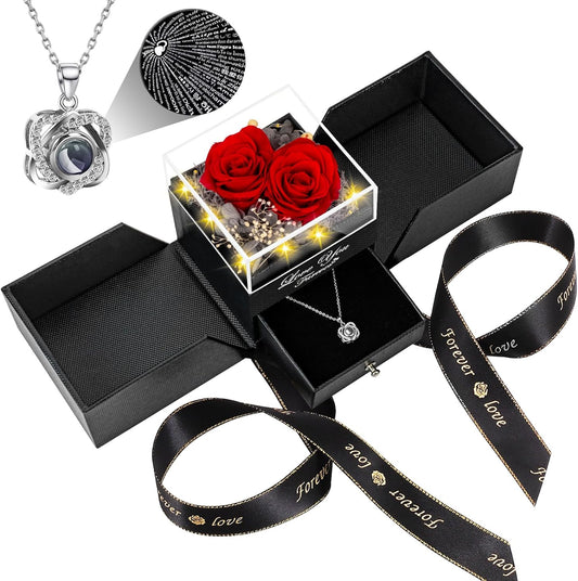2 Preserved Real Rose with Heart I Love You Necklace- Eternal Rose Birthday Gifts for Women Wife Girlfriend Her Mom Grandma on Festivals Gifts Christmas Valentines Mothers Day Anniversary-Red Rose