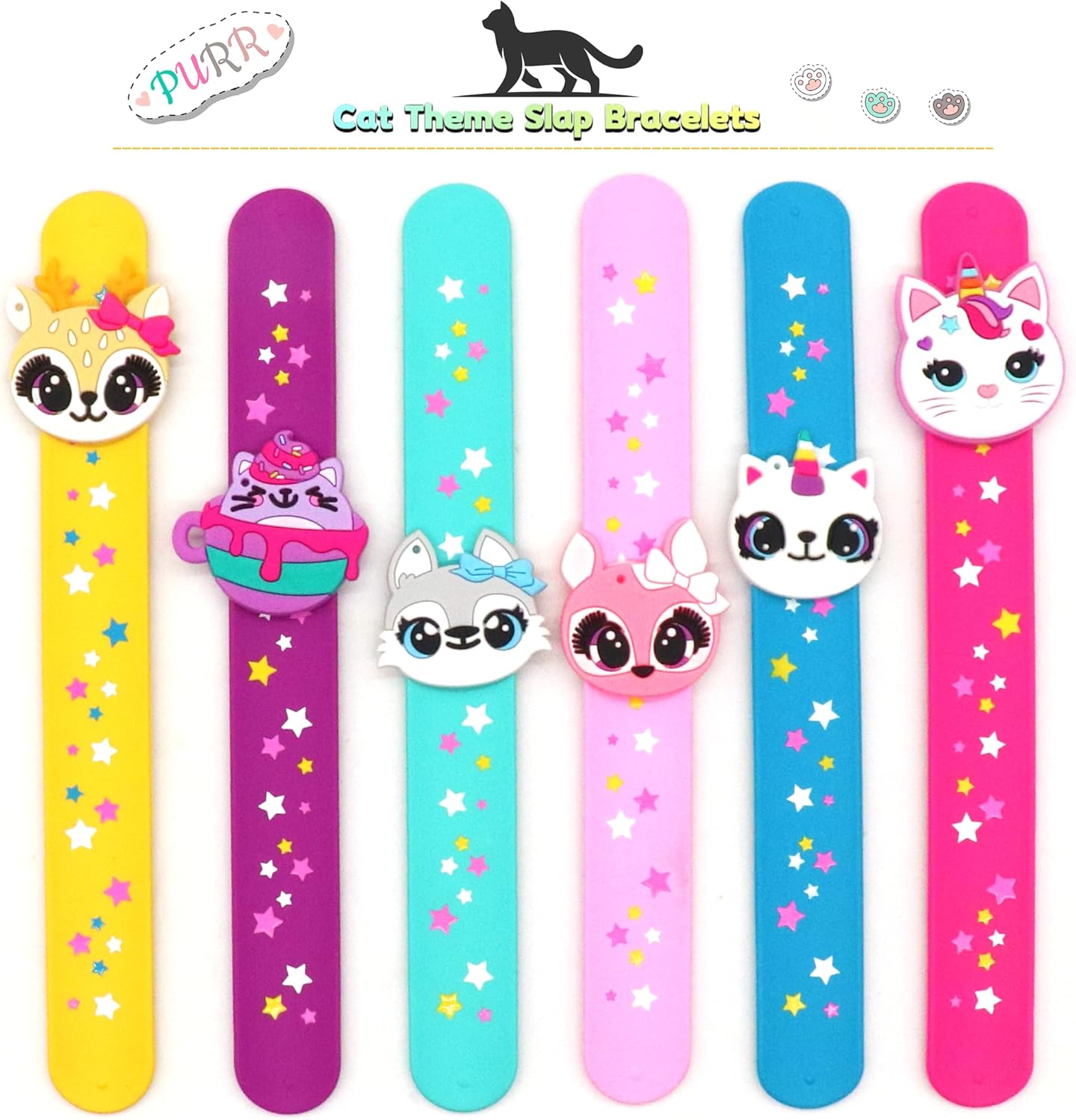 LOCHSOEL Cat Slap Bracelets for Kids- Silicone Wristbands Adjustable Party Favors, Classroom Prizes, Carnival Games - Birthday Gifts for Boys & Girls(6Pack)