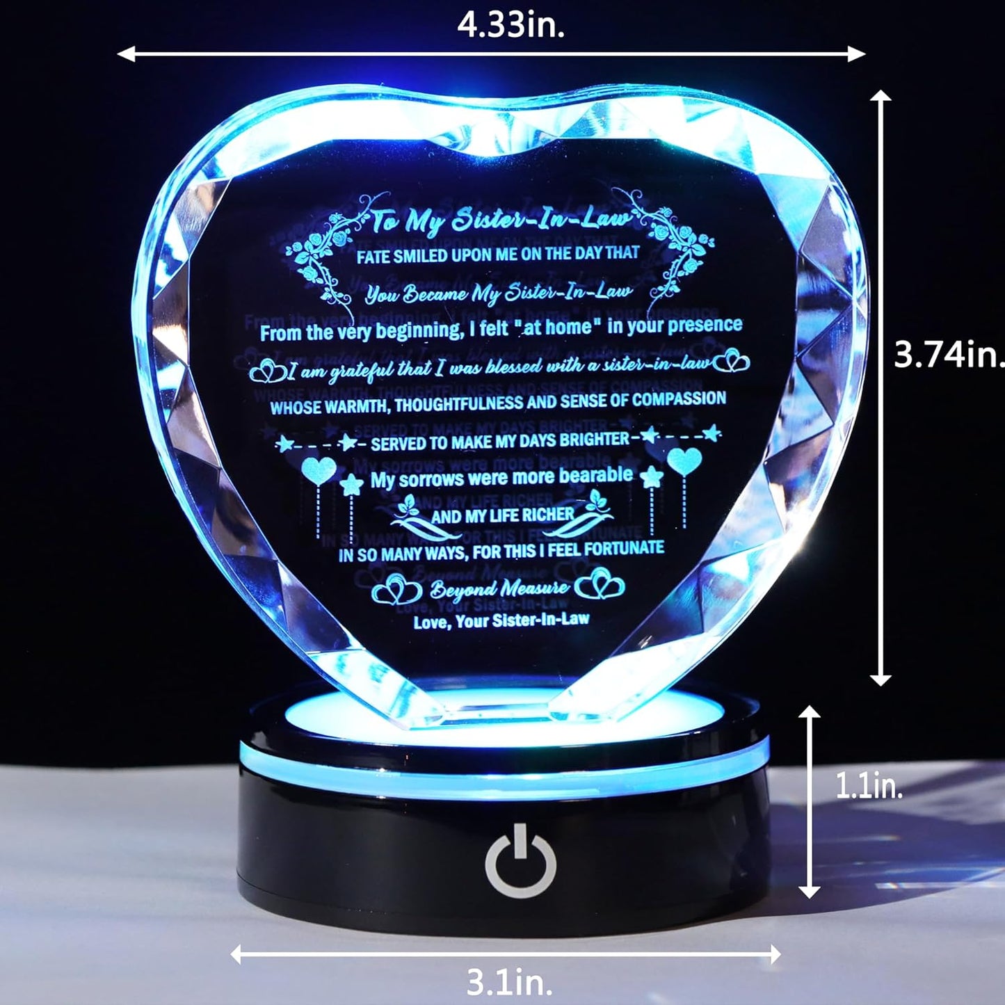 YWHL Sister in Law Birthday Gifts with Colorful LED Base Unique Heart Crystal Keepsake for Unbiological Bonus Sister Wedding Thanksgiving Gift Ideas